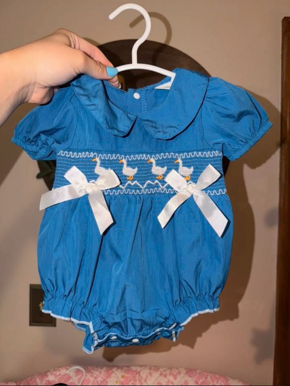 Blue Smocked Baby Bubble Romper with Duck Embroidery. Silly Goose